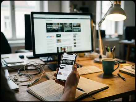 الموقع على هاتف في المقدمة وعلى شاشة مكتبية خلفه